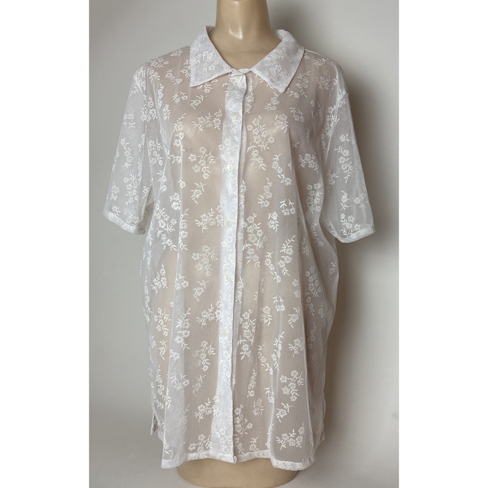 White Floral Sheer Button up Blouse Fairy Whimsygoth Boho 1X short slv topper